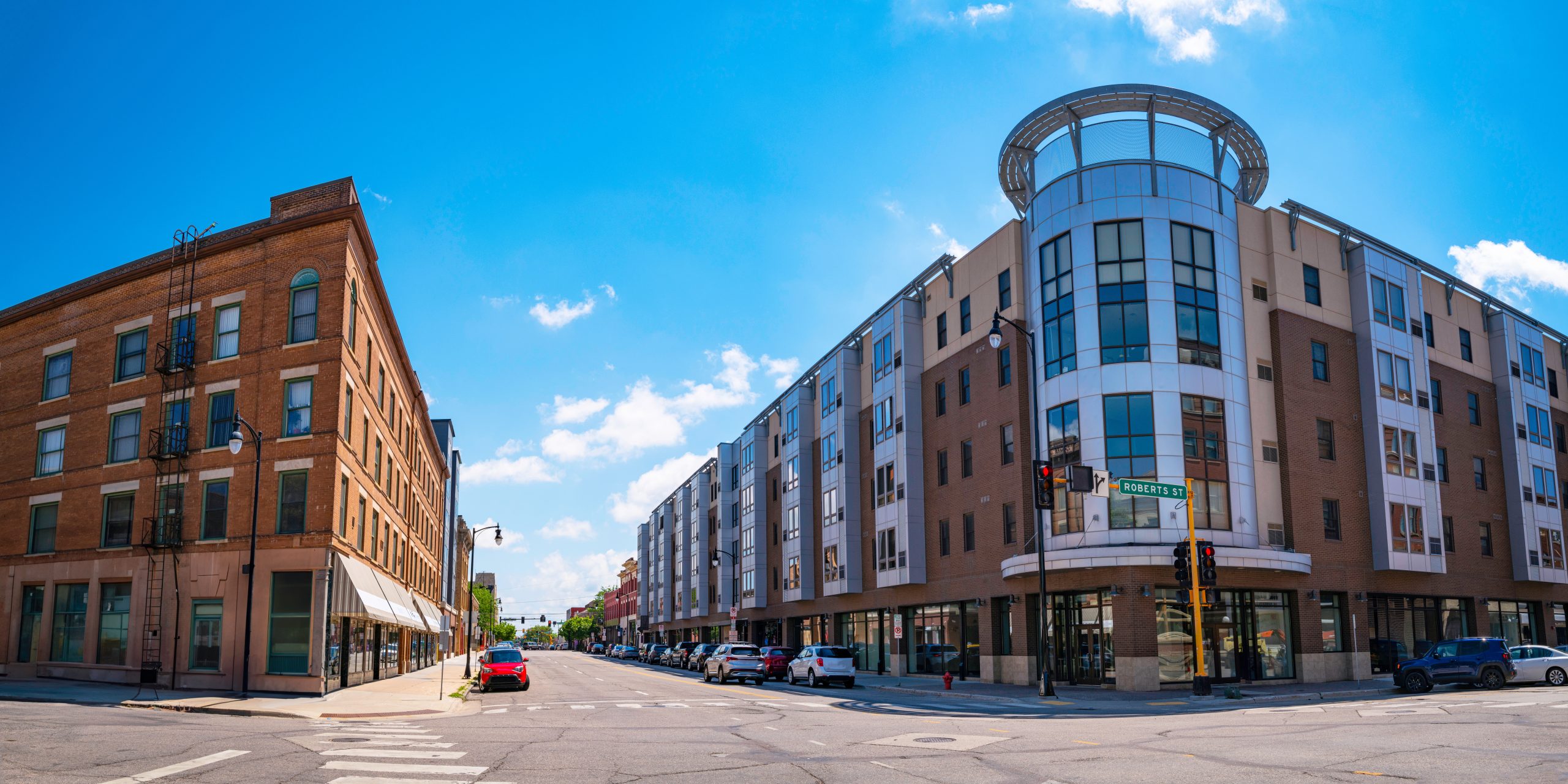 Fargo City Downtown Intersection Street And Historic Buildings In North Dakota Traditional American Town Founded In On The Red River Of The North Floodplain